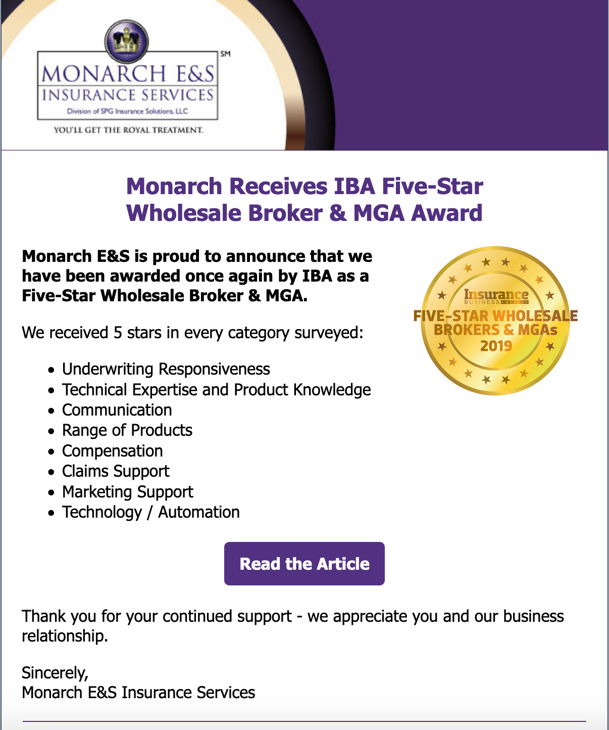 Monarch E&amp;S Insurance Receives IBA FiveStar Wholesale